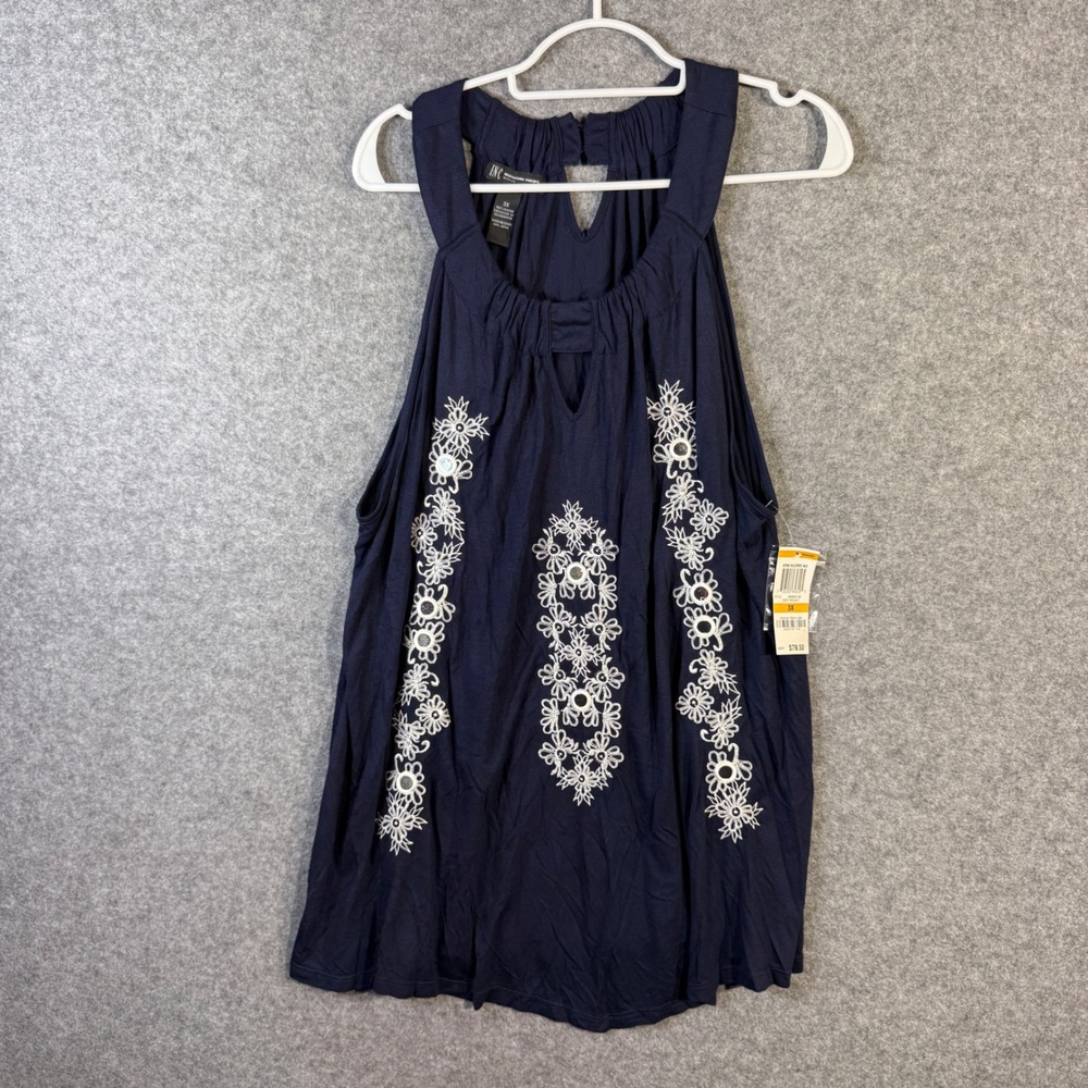 INC International Concepts 3X Navy Sleeveless Embroidered Keyhole Tank Top